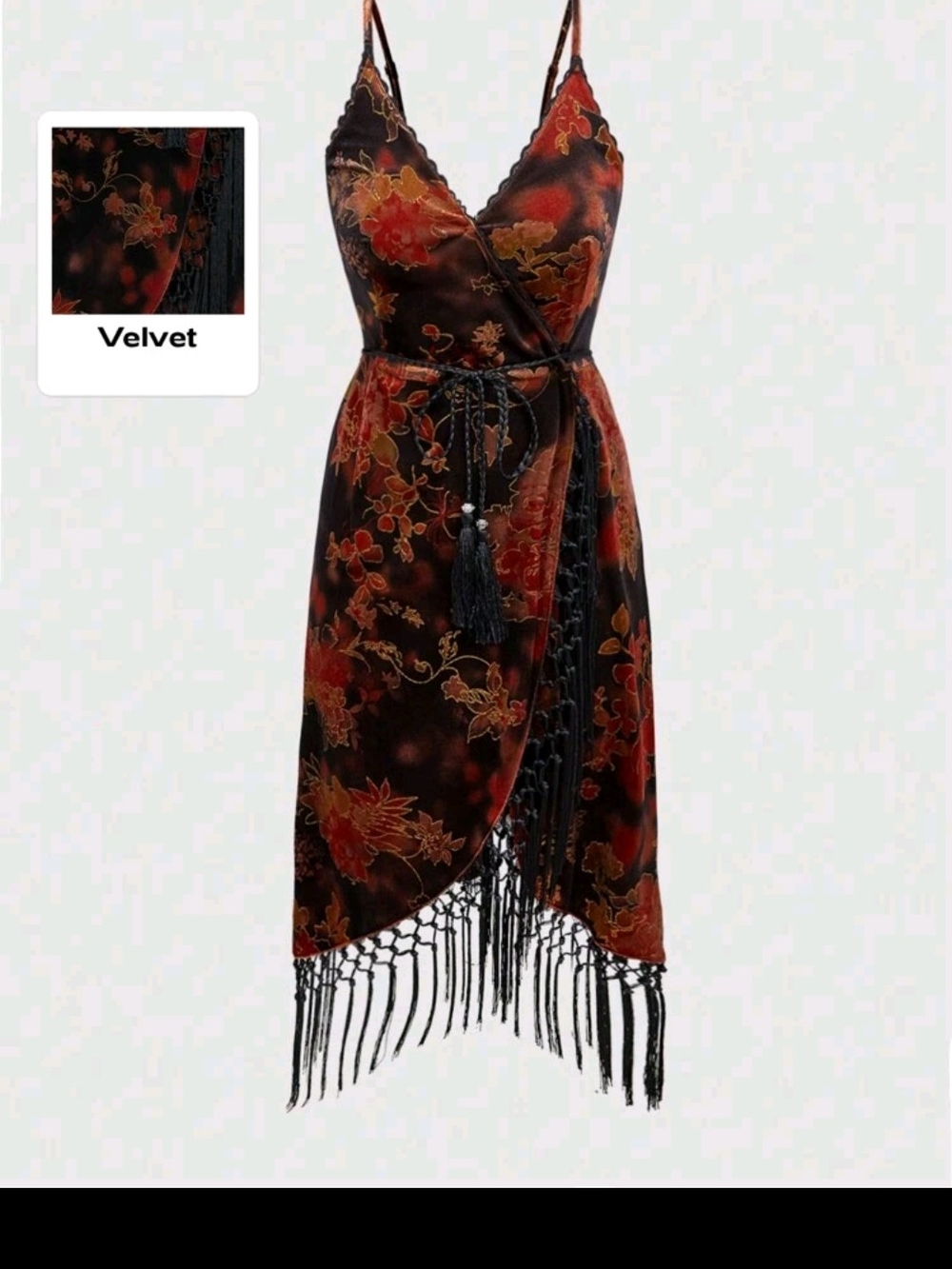 Velvet Floral Wrap Slip Dress with Fringe - Black & Rust